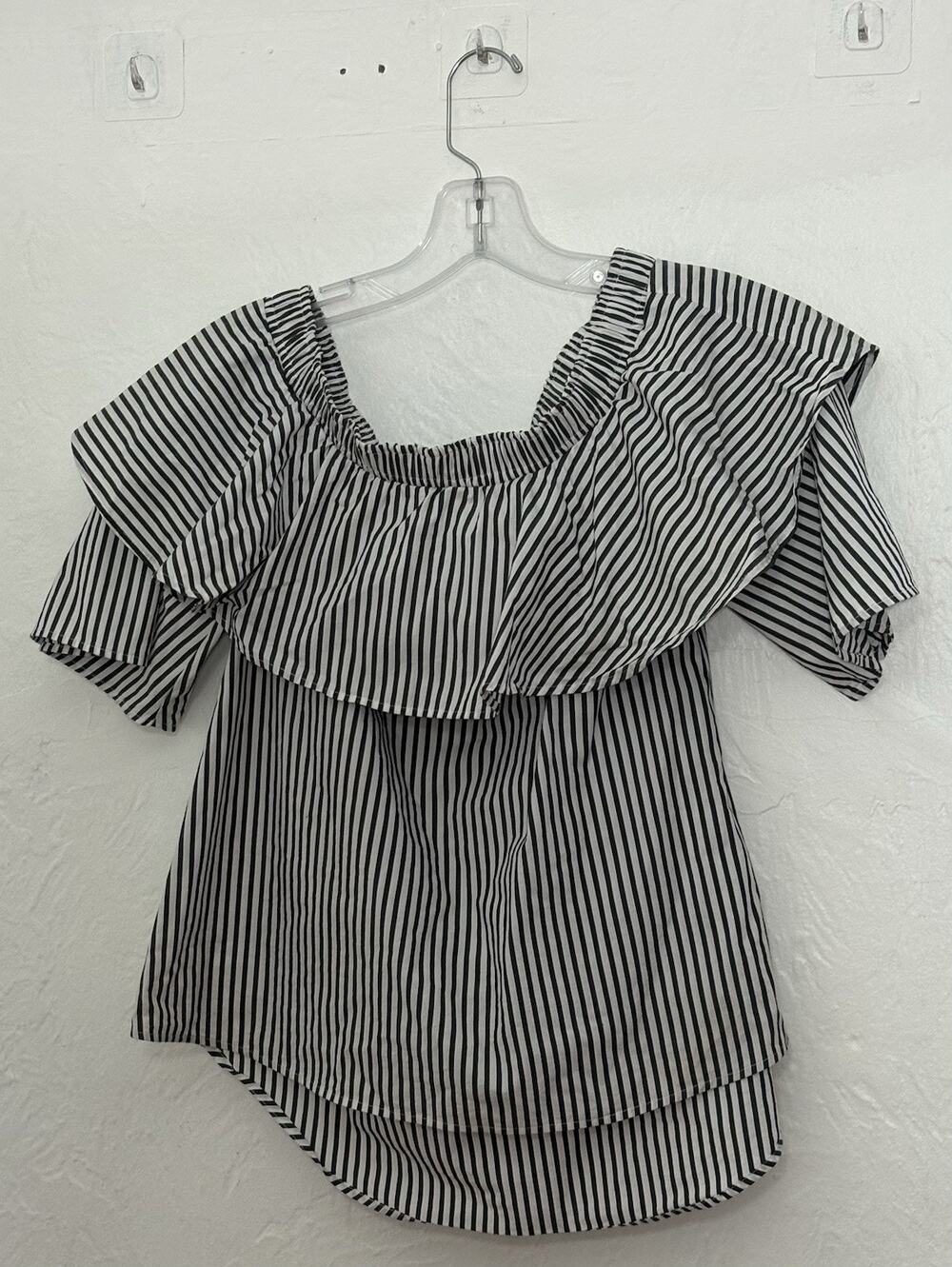 David Lerner Off Shoulder Ruffle Blouse Top Striped Black White Women S